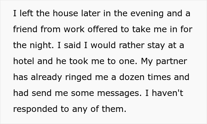 Text about a person leaving home, staying at a hotel, and ignoring partner's calls and messages after finding a photo.