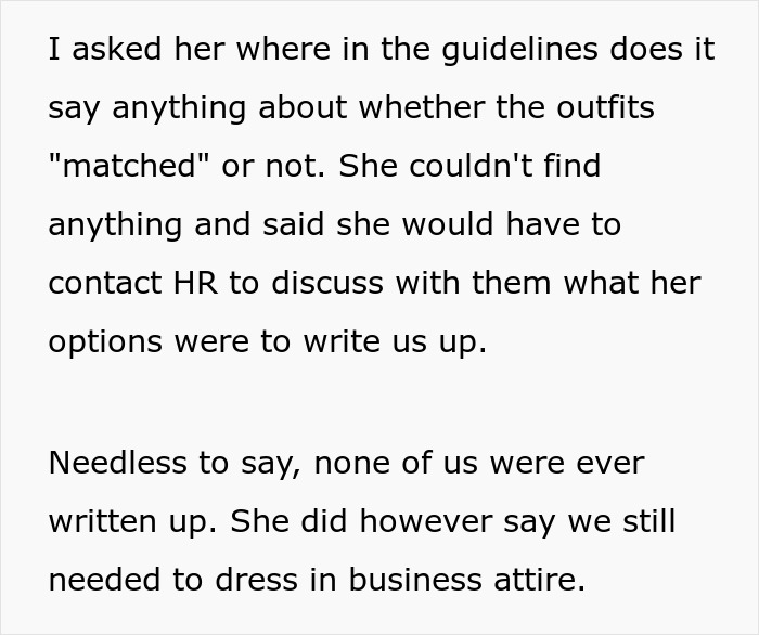 Bank staff discuss business attire guidelines after a manager's dress code enforcement.