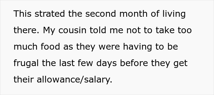 Text about roommates managing food and allowances, highlighting a frugal approach to avoid starvation and food accusations. Text about roommates managing food and allowances, highlighting a frugal approach to avoid starvation and food accusations.