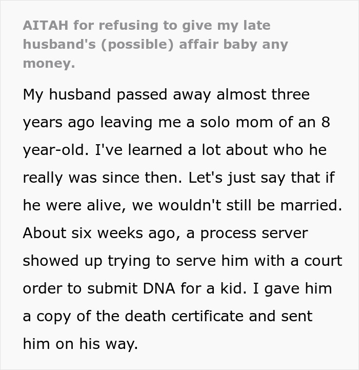Text screenshot about a woman refusing to share money with her late husband's possible affair child.