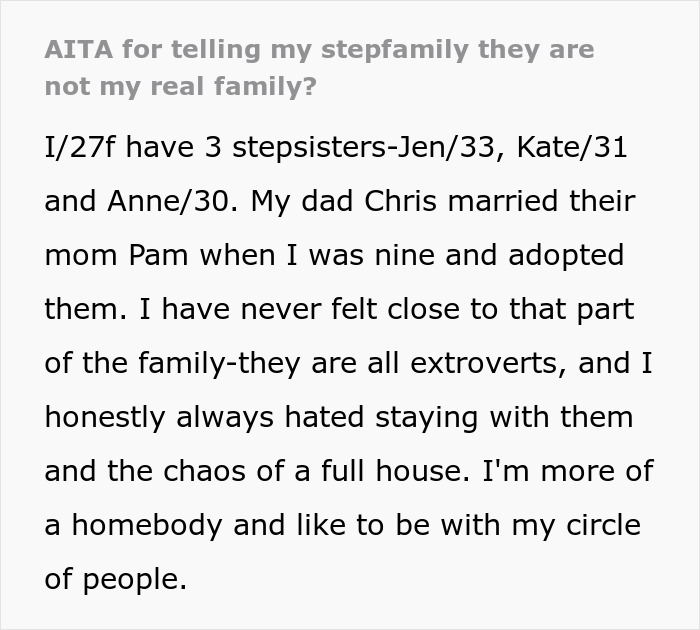 Text discussing a woman who refuses to apologize to her stepmom and stepsisters, claiming they aren't her real family.