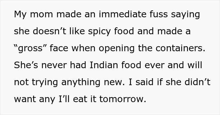 Text on image discussing mom's reaction to spicy homemade Indian food from a neighbor after surgery recovery.
