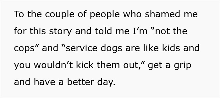 Text image with a message addressing a couple about fake service dog incident, encouraging them to have a better day.