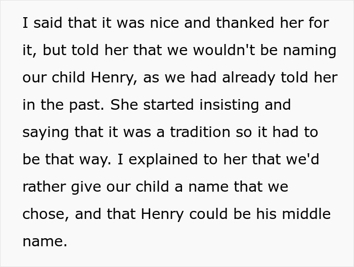 Woman rejects traditional name; prefers choosing her child's first name, suggests Henry as a middle name.