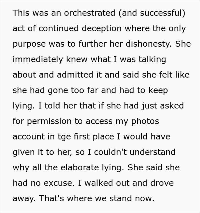 Text discusses a husband's realization of his wife's secret monitoring of his spending and phone camera roll.