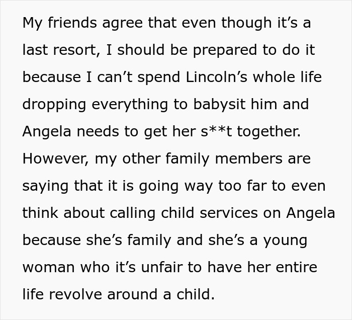 Text discussing babysitting issues, family dynamics, and the consideration of involving CPS. Text discussing babysitting issues, family dynamics, and the consideration of involving CPS.