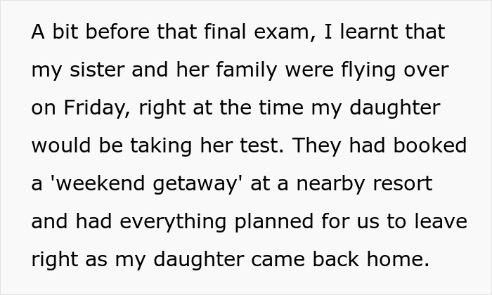 Text discussing a parent's prioritization of a family trip over a daughter's pre-arranged plans with friends.