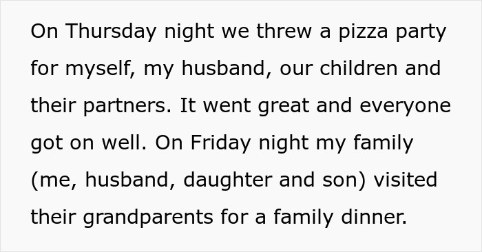 Text image about a family pizza party and dinner with grandparents. Text image about a family pizza party and dinner with grandparents.