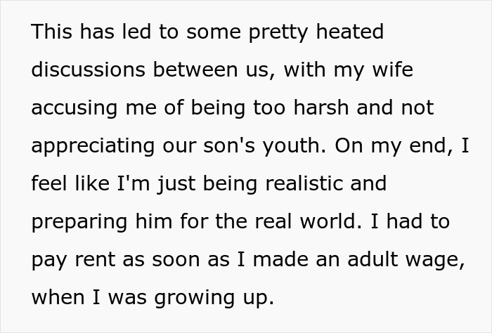 Text about charging rent for a 17-year-old, discussing preparation for adulthood.