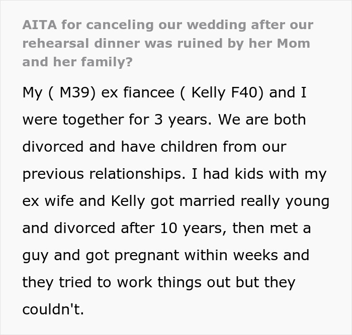 Text post discussing a man canceling wedding due to in-laws' behavior at rehearsal dinner. Text post discussing a man canceling wedding due to in-laws' behavior at rehearsal dinner.