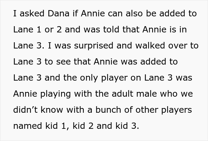 Text from a story about a mother finding her daughter playing alone at a birthday party in a bowling alley.