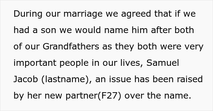 Text about a naming agreement for a son, highlighting a conflict with a new partner over the baby's name.