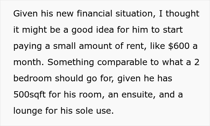 Text image discussing $600 rent for a 17-year-old with spacious amenities due to his income.