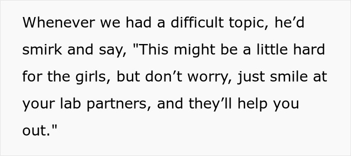 Text showing professor's sexist remarks about difficult topics for female students.