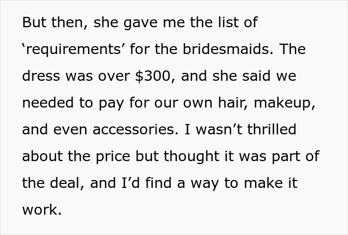 Bridesmaid shocked by $150 fee demand, lists additional wedding costs including dress, hair, and makeup requirements.