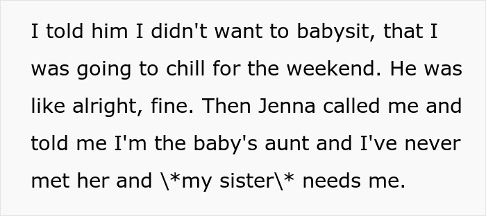 Text exchange about stepsister forcing babysitting, mentioning refusal and family obligation. Text exchange about stepsister forcing babysitting, mentioning refusal and family obligation.