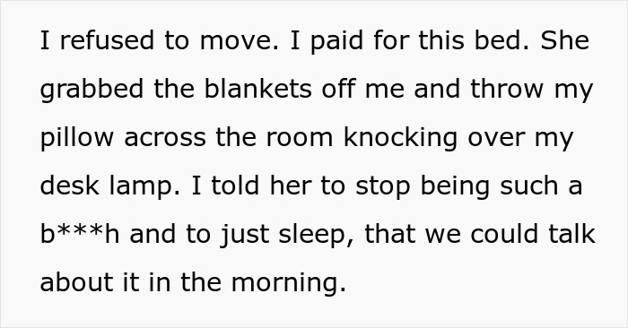 Text image about refusing to sleep on the couch, mentioning a confrontation over a bed and tossed pillow.