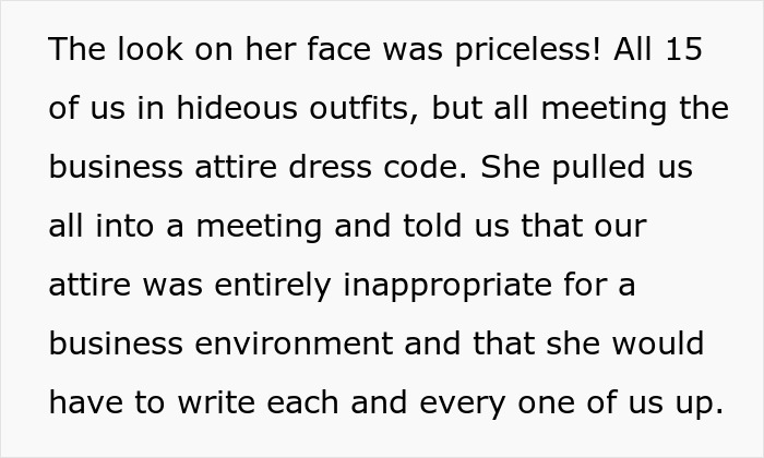 Text about bank staff wearing unconventional business attire on casual Friday, causing a manager's reaction.
