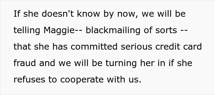 Text screenshot discussing credit card fraud in a blackmail context related to vegan wedding menu changes.