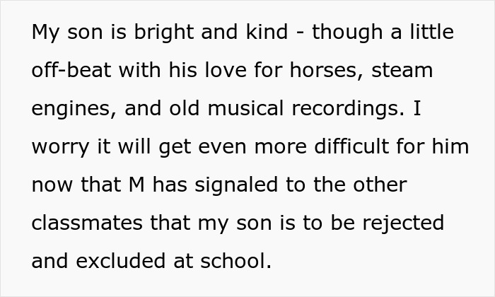 Text describes a child feeling excluded by classmates, highlighting challenges due to unique interests.