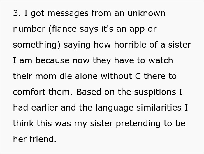 Text message accusing woman of being a horrible sister, suspecting sibling impersonation.