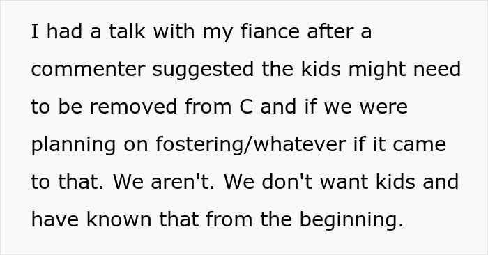 Text from a discussion about setting boundaries regarding children and fostering, expressing a decision to remain child-free.