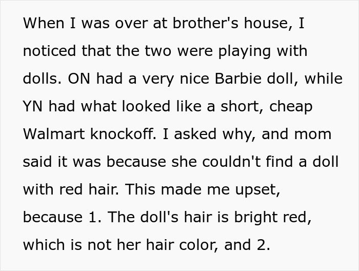 Text about an aunt's frustration over unequal dolls, favoring a golden child while customizing for a 5-year-old.
