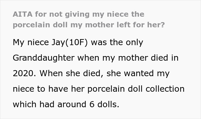 Text about niece's heirloom dolls inheritance dilemma after a hurricane.