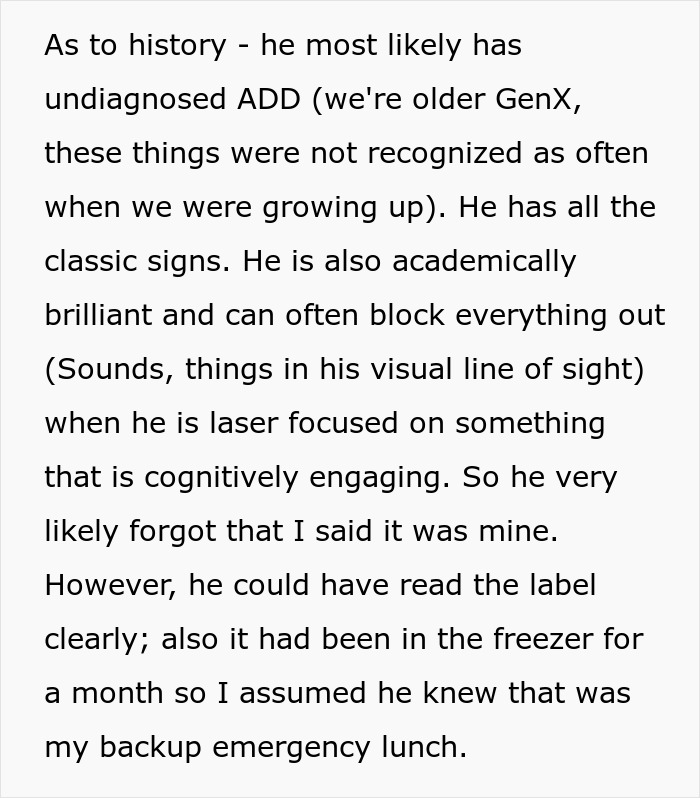 Text discussing ADD and a husband's actions with wife's emergency lunch. Text discussing ADD and a husband's actions with wife's emergency lunch.