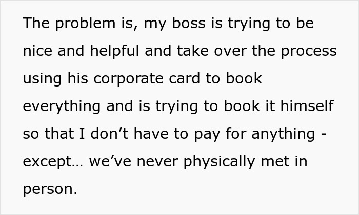 Text screenshot discussing a boss booking a flight without meeting the new hire in person.