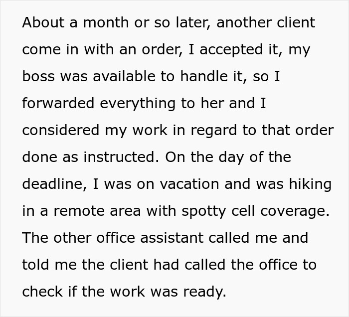 Text about an employee on vacation, unable to assist a client due to spotty cell coverage, after assigning work to a boss.