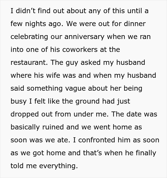 Text revealing husband's sister-in-law relationship shock during an anniversary dinner with coworkers.