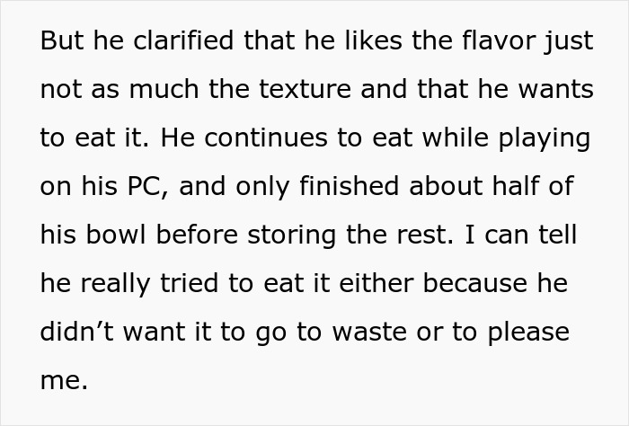 Text excerpt discussing a boyfriend's cooking confrontation about texture preference while gaming.