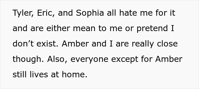Text discussing relational tensions at home, mentioning Tyler, Eric, and Sophia being mean, with a sister closely bonded to Amber.