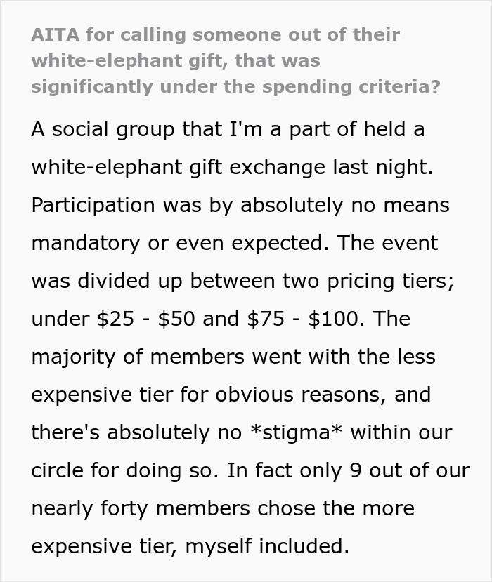 Text detailing white-elephant gift exchange drama with different pricing tiers, causing conflict over gift spending.