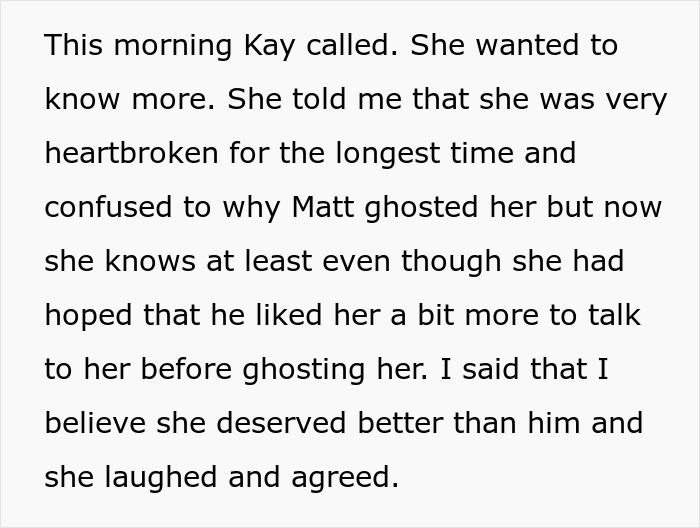 Text about a woman discussing her sister's heartbreak over a handsome crush who ghosted her.