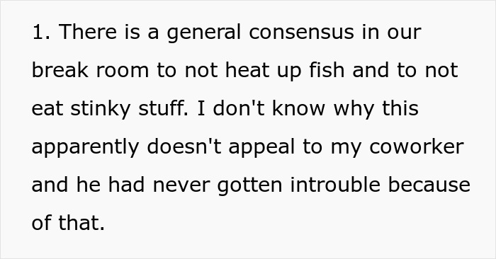Text about breakroom etiquette concerning fish, noting a man's disregard for consensus.