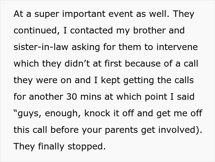 Text message about a sibling disciplining a nephew when asked by the parents during a crucial event.