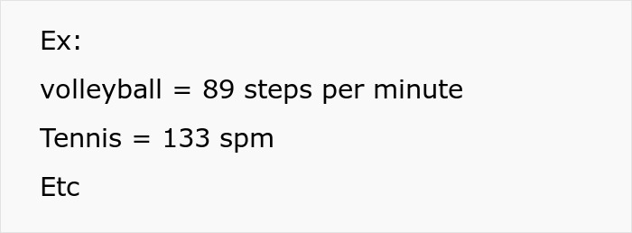 Text image showing examples of steps per minute in sports like volleyball and tennis. Text image showing examples of steps per minute in sports like volleyball and tennis.