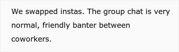 Text discussing friendly banter between coworkers after exchanging Instagram info.