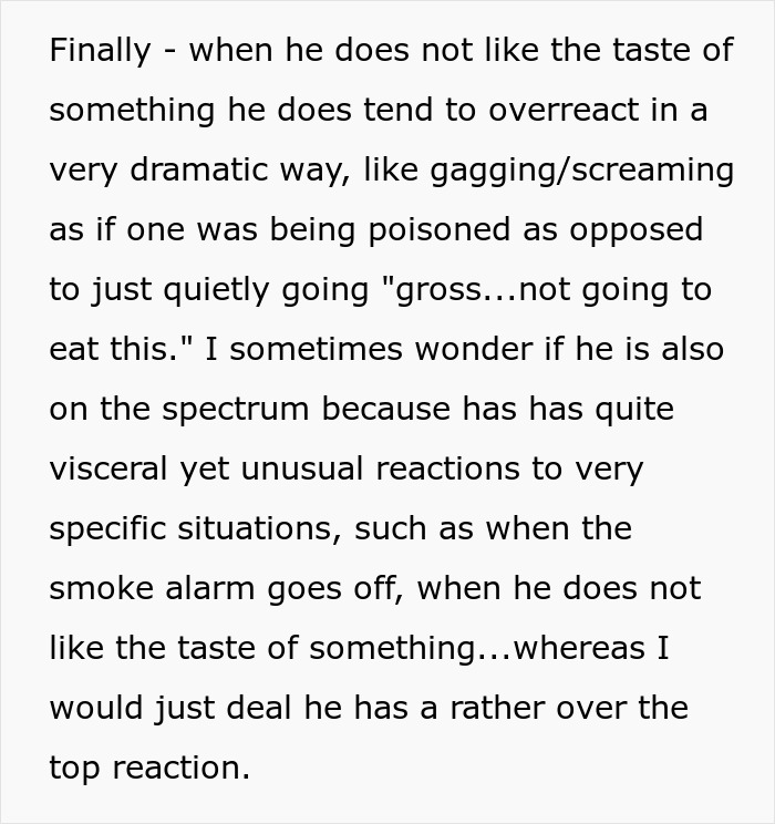Text discussing a husband’s dramatic reaction to food he finds disgusting. Text discussing a husband’s dramatic reaction to food he finds disgusting.
