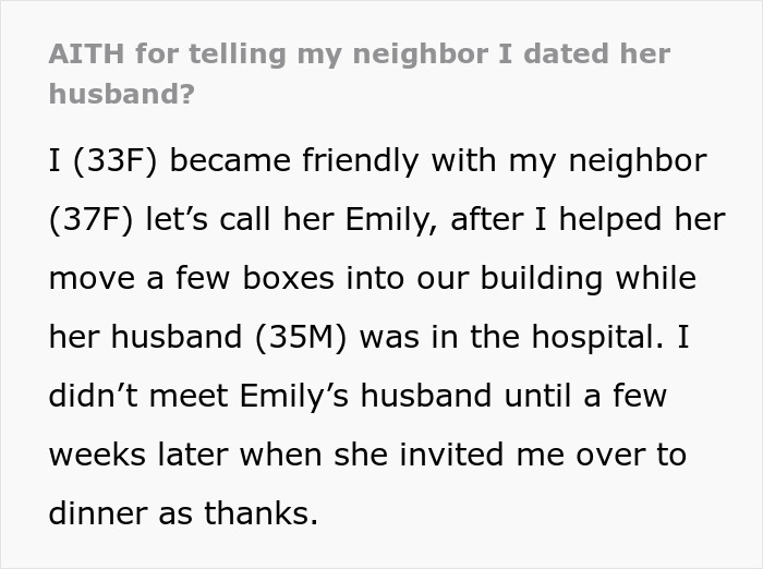 Text on dating a neighbor's husband, discussing a friendly connection and a dinner invitation as thanks.