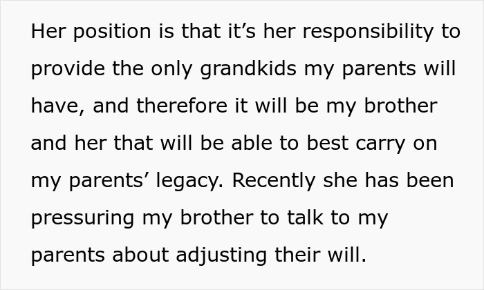 Text on family legacy and adjusting will for not having kids, with focus on SIL's responsibility and pressure on brother.