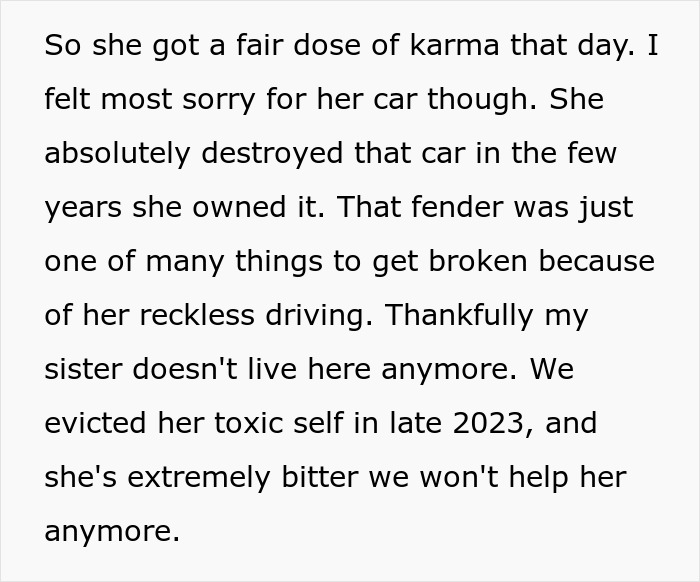 Text about a woman's reckless driving leading to car damage and her sibling's lack of sympathy.