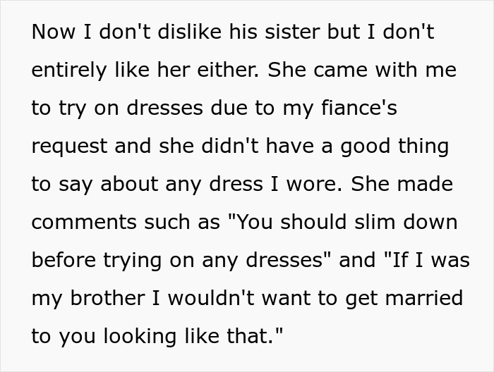 Text describing a woman's experience of dress shopping with a critical sister-in-law.