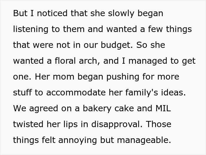 Text from a man discussing in-laws' influence on his wedding planning and budget issues. Text from a man discussing in-laws' influence on his wedding planning and budget issues.