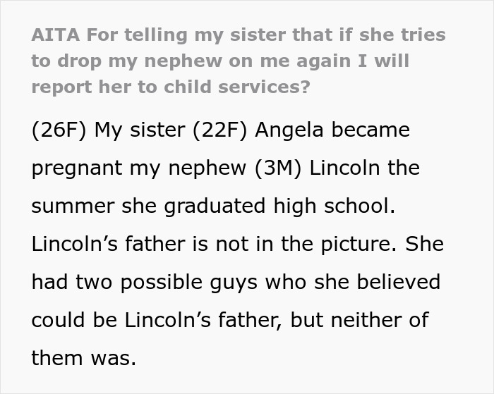Text explaining a 22-year-old relying on others for childcare, with mention of considering calling CPS. Text explaining a 22-year-old relying on others for childcare, with mention of considering calling CPS.