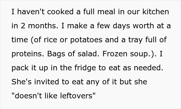Man refuses to cook meals; opts for leftovers in protest against wife decorating kitchen. Man refuses to cook meals; opts for leftovers in protest against wife decorating kitchen.
