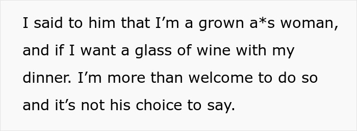 Text about a woman asserting her choice to drink wine, addressing concerns about family alcoholism genes.