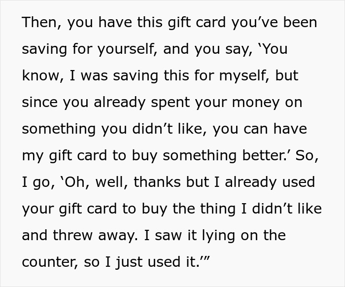 Text from a story about a wife upset after her husband threw away her lunch and used her gift card. Text from a story about a wife upset after her husband threw away her lunch and used her gift card.